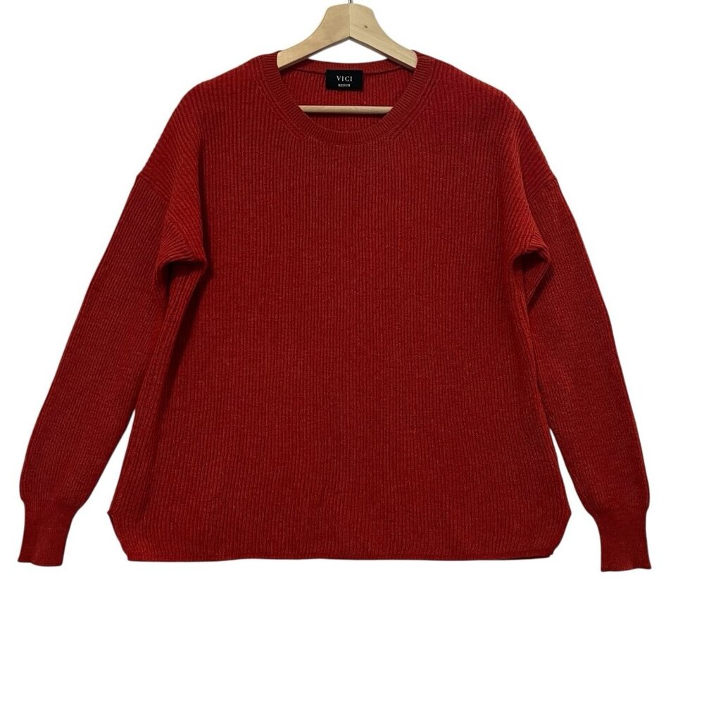 Vici Ribbed Knit Sweater Wool Blend Women's Size M Orange Pullover Long Sleeves